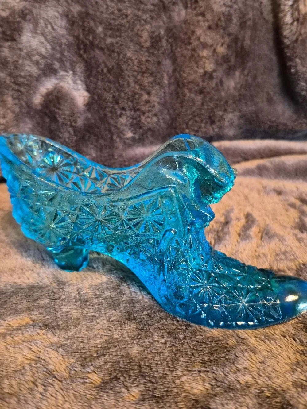 Fenton Blue Daisy And Button Cat Head Glass Shoe Slipper
